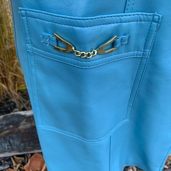 Vintage 60s 70s Faux Leather Trench Coat Belted Light Blue Overcoat - Picture 9 of 14